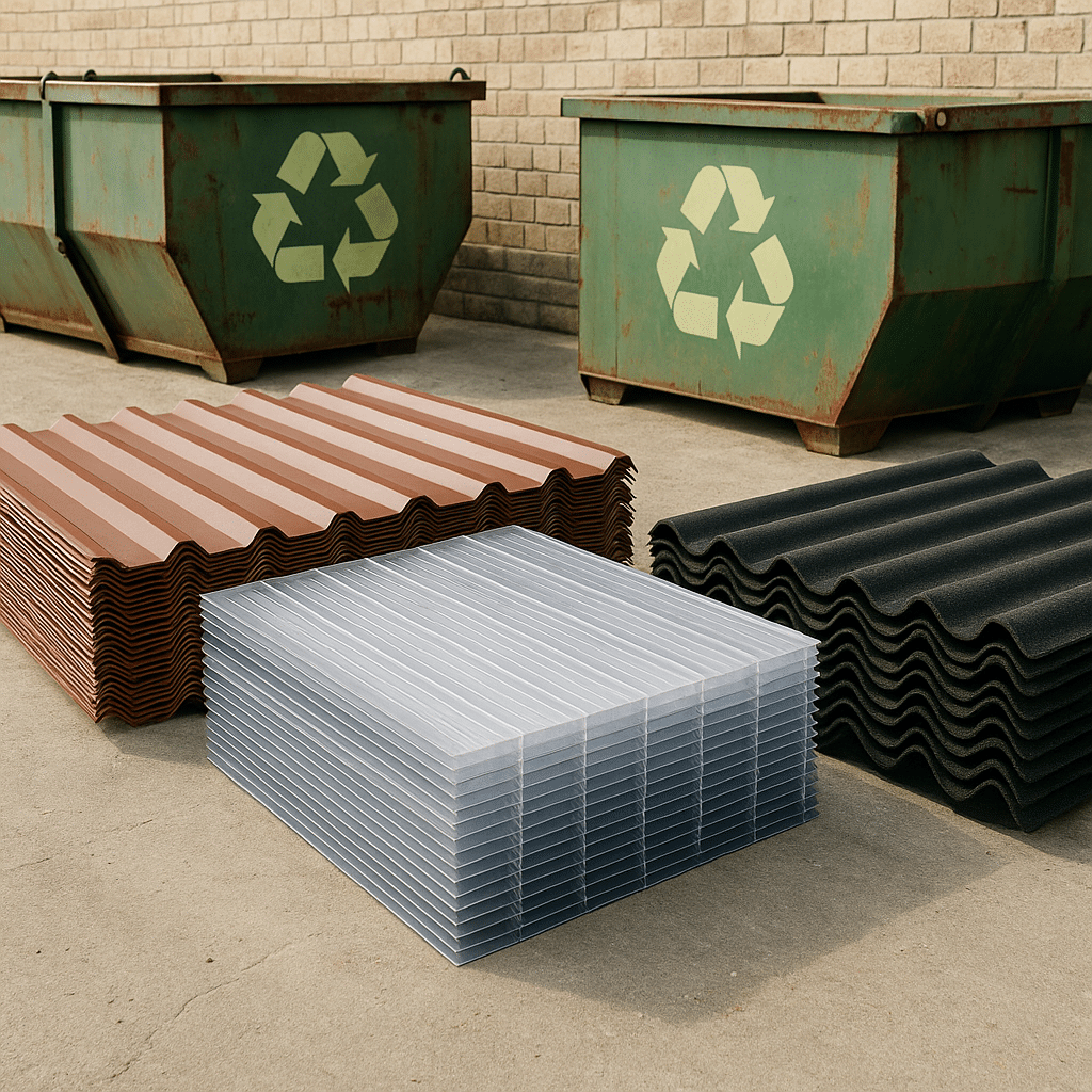 Das Bild zeigt drei ordentlich gestapelte Dachmaterialien – rotbraunes Trapezblech, transparente Stegplatten und schwarze Bitumenplatten – auf einer Baustelle.