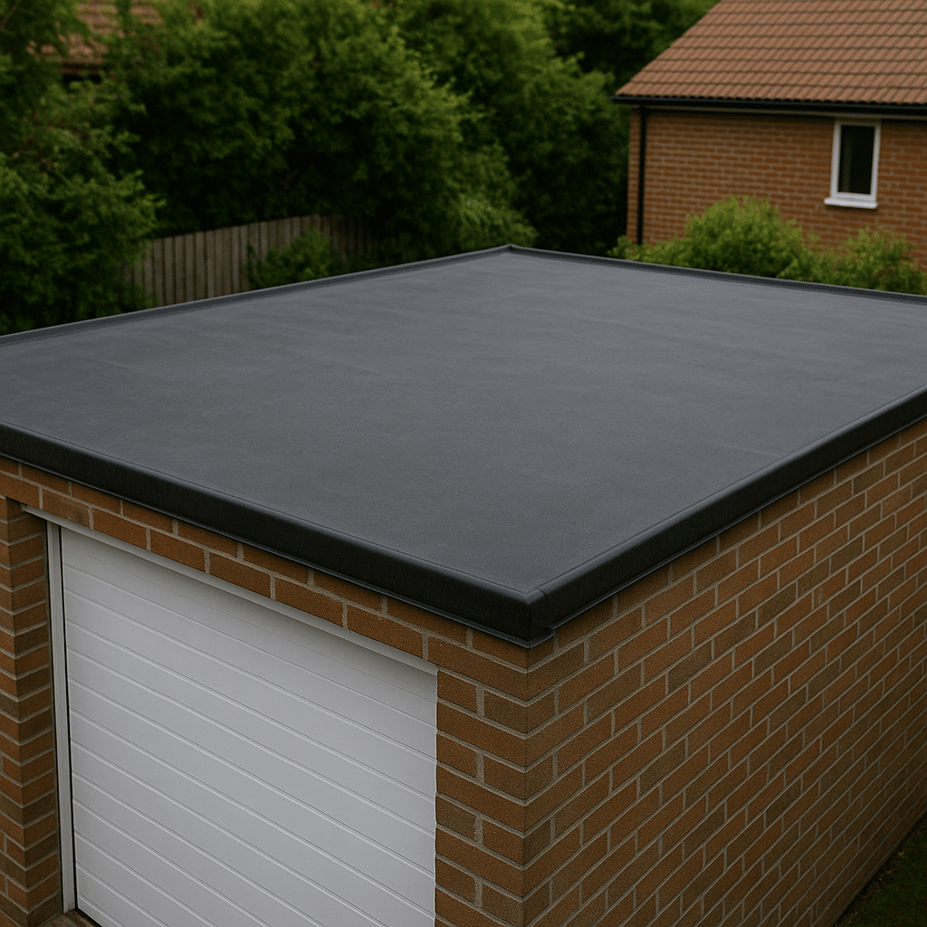 Garage mit Flachdach, die mit schwarzer EPDM Folie bedeckt ist.