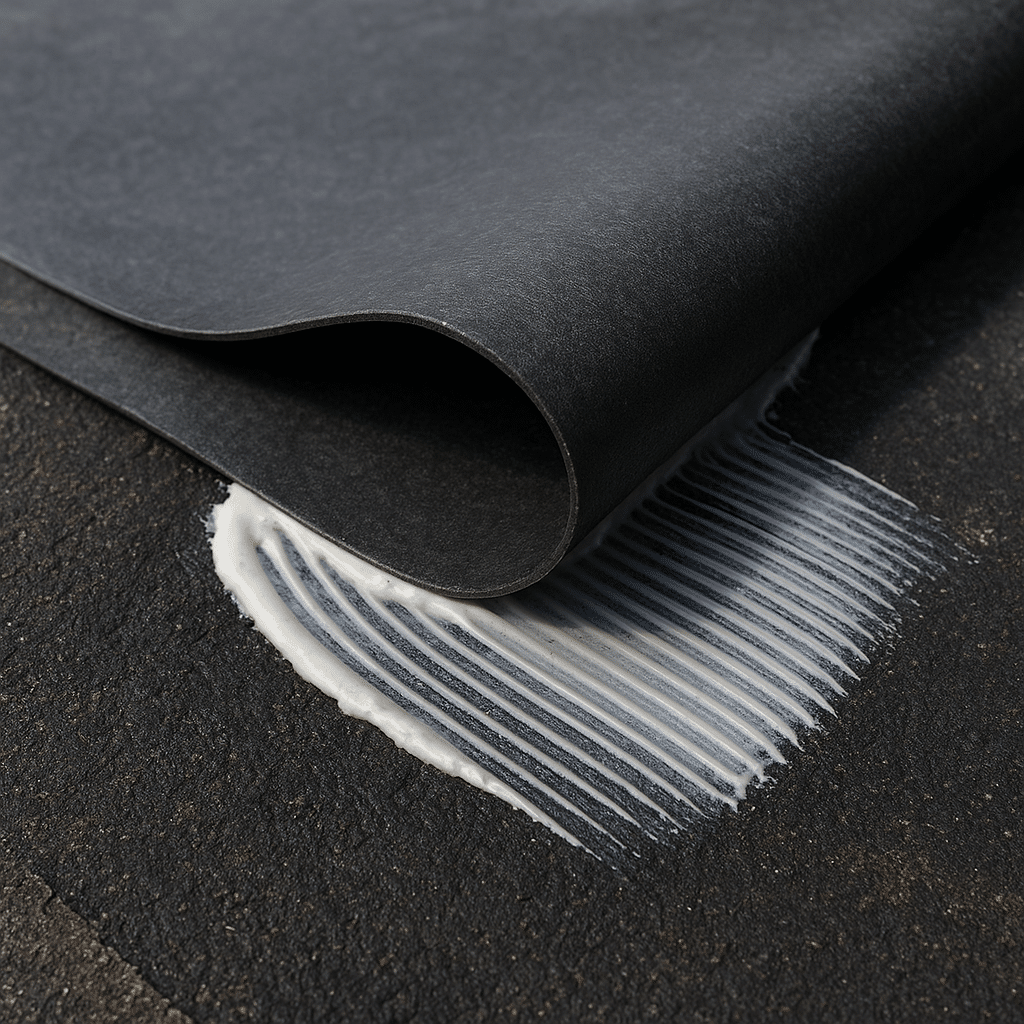 EPDM-Folie wird auf vorbereitete Dachpappe verklebt, Detailansicht der Oberfläche