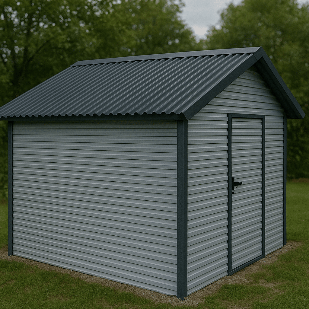 Das Bild zeigt eine Gartenhütte mit einem anthrazitgrauen Wellblechdach und lichtgrauen Wänden aus horizontal verlaufendem Trapezblech.