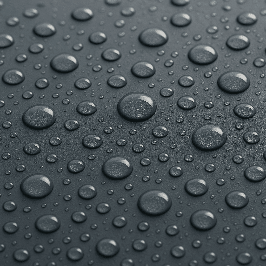 Regenabweisende Oberfläche einer HPL-Platte mit Wasserperlen