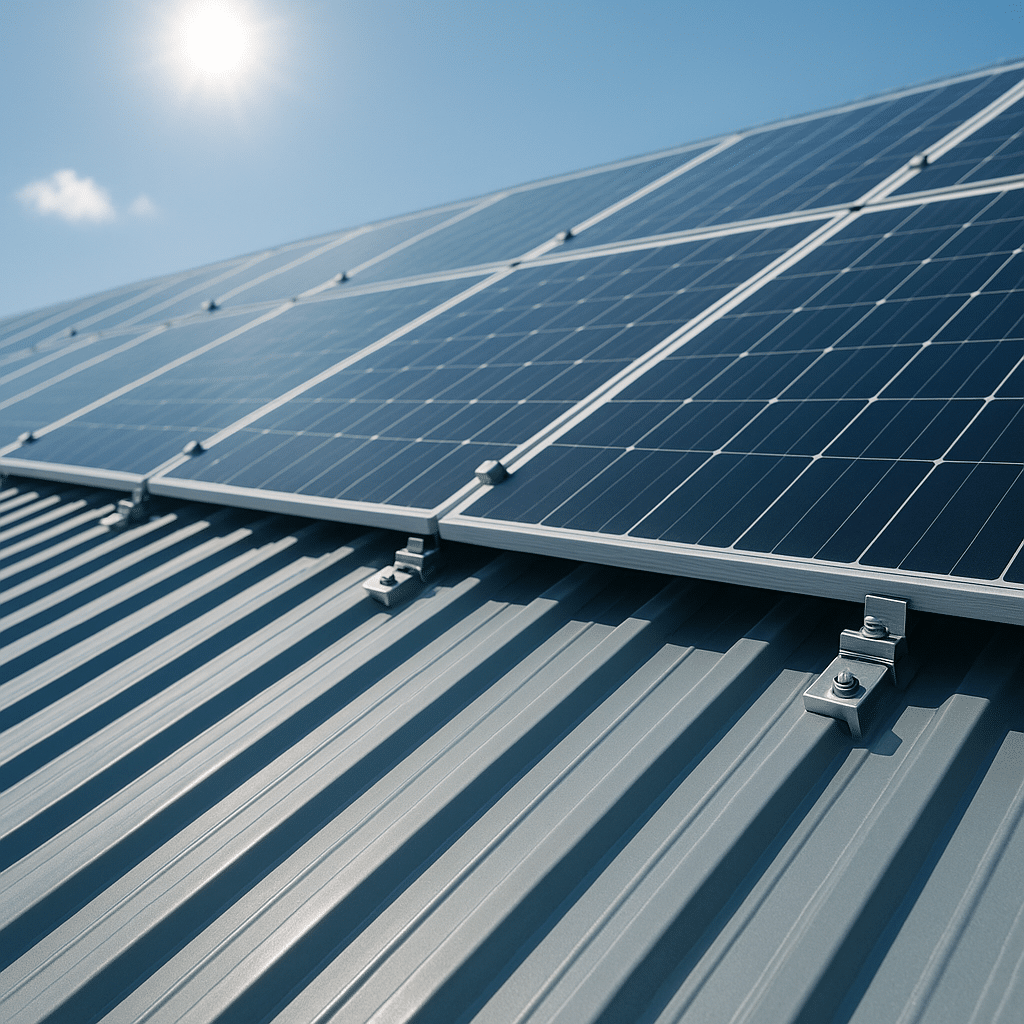 Solaranlage auf Trapezblechdach mit sichtbaren Befestigungspunkten bei sonnigem Wetter