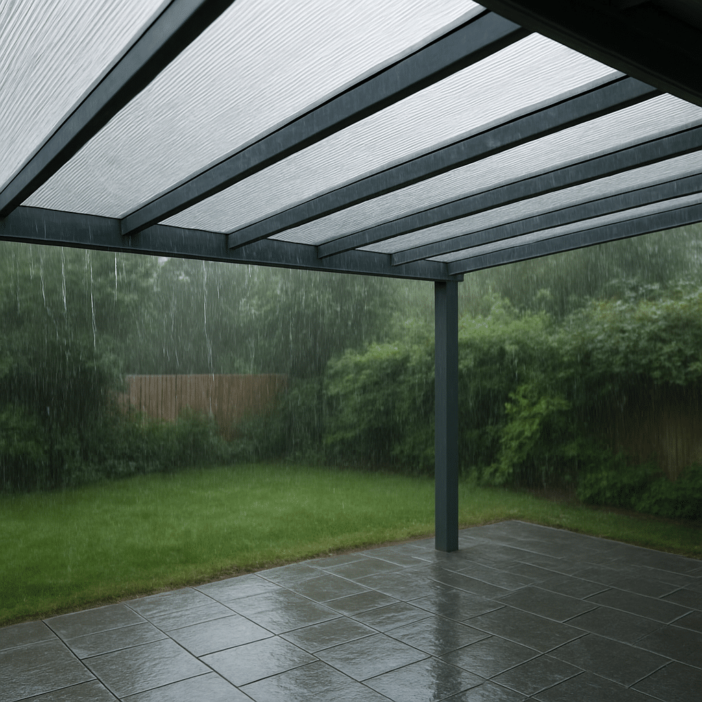 Regen prasselt auf Stegplatten-Dach einer Terrasse, gedämpfte Akustik durch Struktur sichtbar