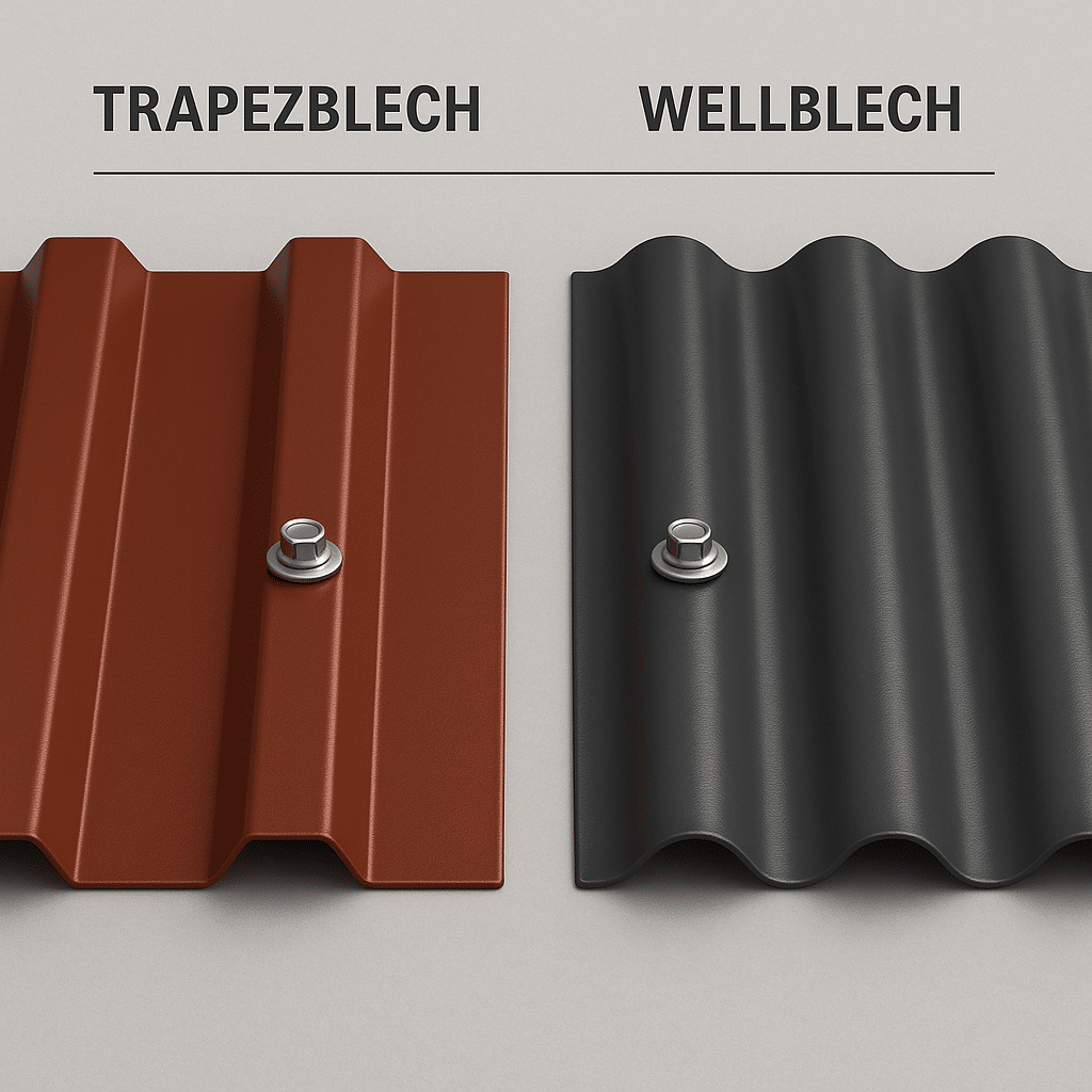 Das Bild zeigt zwei Metallbleche im direkten Vergleich: links ein rotbraun beschichtetes, leicht glänzendes Trapezblech mit geraden Sicken, rechts ein anthrazitfarben beschichtetes Wellblech mit runden Wellen. Beide Bleche sind mit silbernen Schrauben und Dichtscheiben auf einer neutralen Fläche befestigt.
