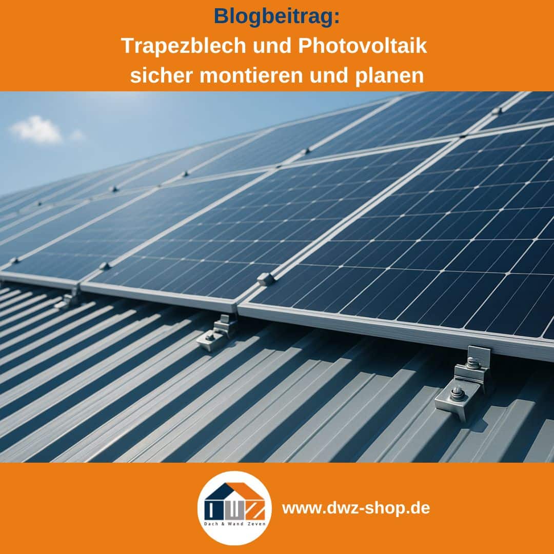 Titelgrafik eines Blogbeitrags mit dem Thema ‚Trapezblech und PV-Anlagen‘ – gezeigt wird ein Trapezblechdach mit montierter PV-Anlage, dazu das Logo und die Webadresse von DWZ-Shop.de.
