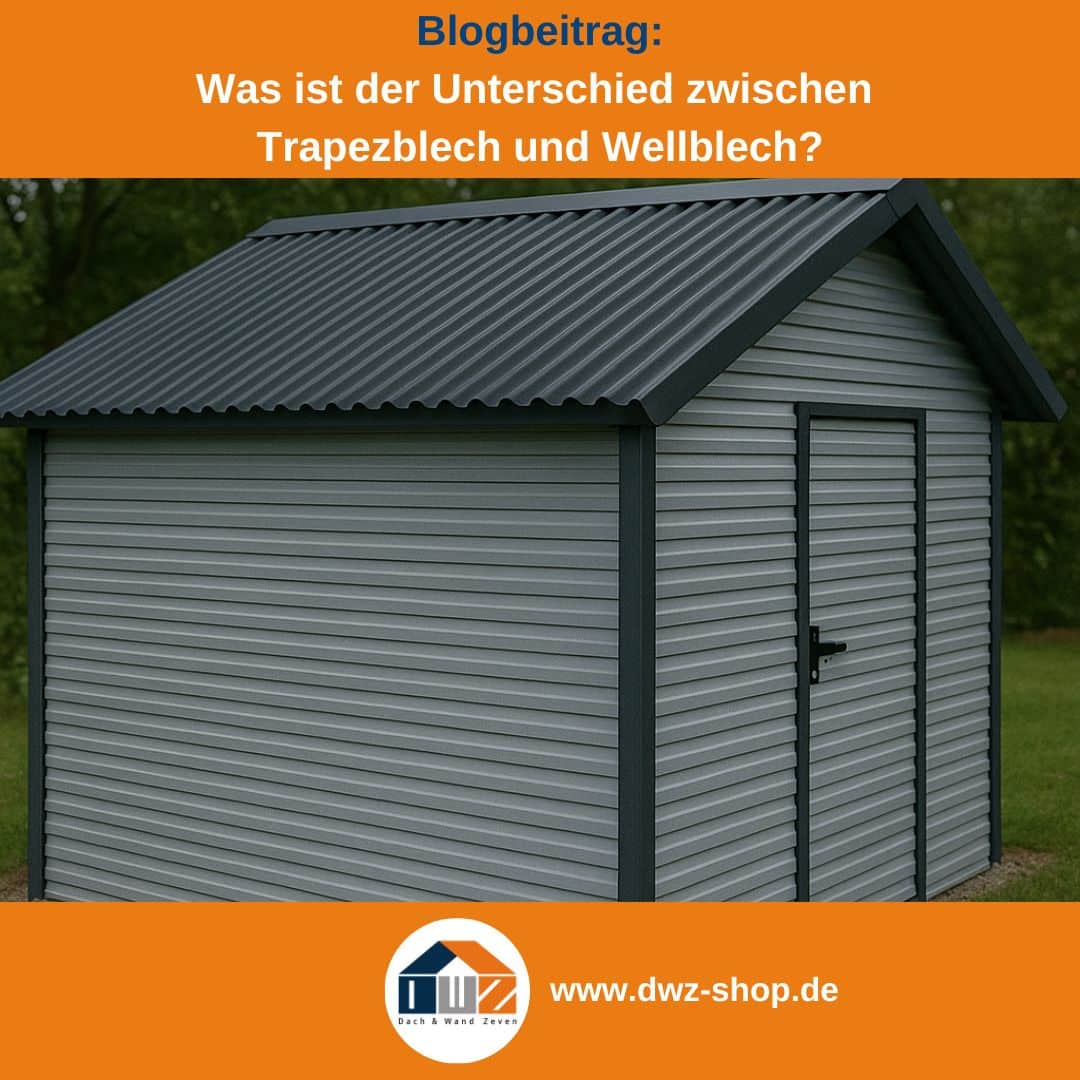 Titelgrafik eines Blogbeitrags mit dem Thema ‚Profilbleche - Unterschiede‘ – gezeigt wird ein Gartenhaus mit Wellblechdach und Trapezblech Wänden, dazu das Logo und die Webadresse von DWZ-Shop.de.