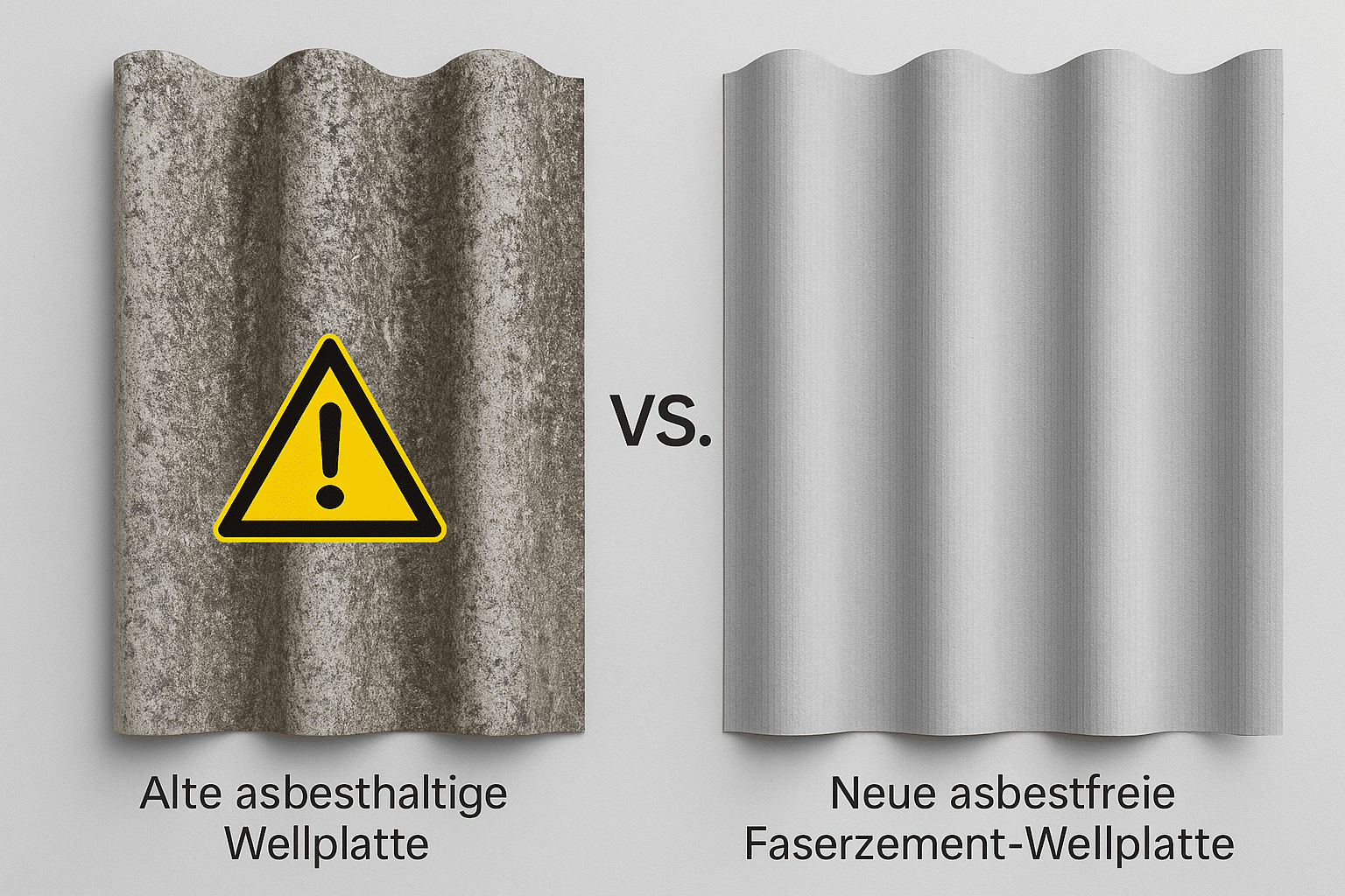 Gegenüberstellung alte Asbestplatte und neue Faserzementplatte zur Veranschaulichung des Unterschieds