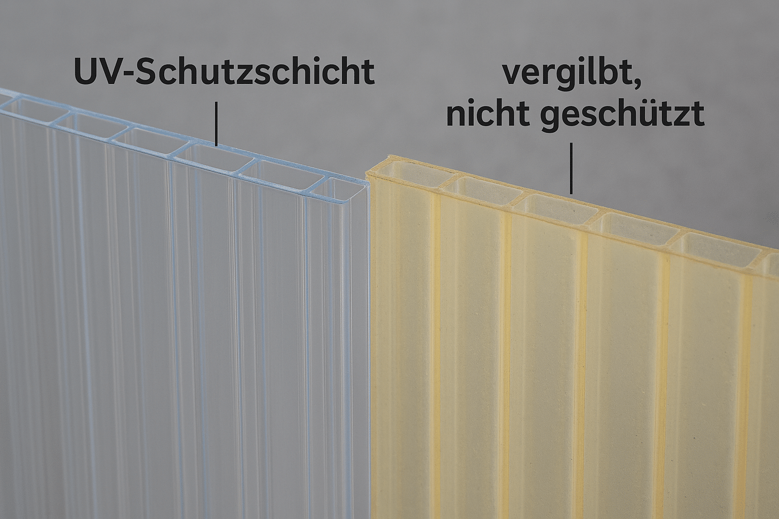 Vergleich von alter, vergilbter Lichtplatte und moderner UV-stabiler Polycarbonatplatte
