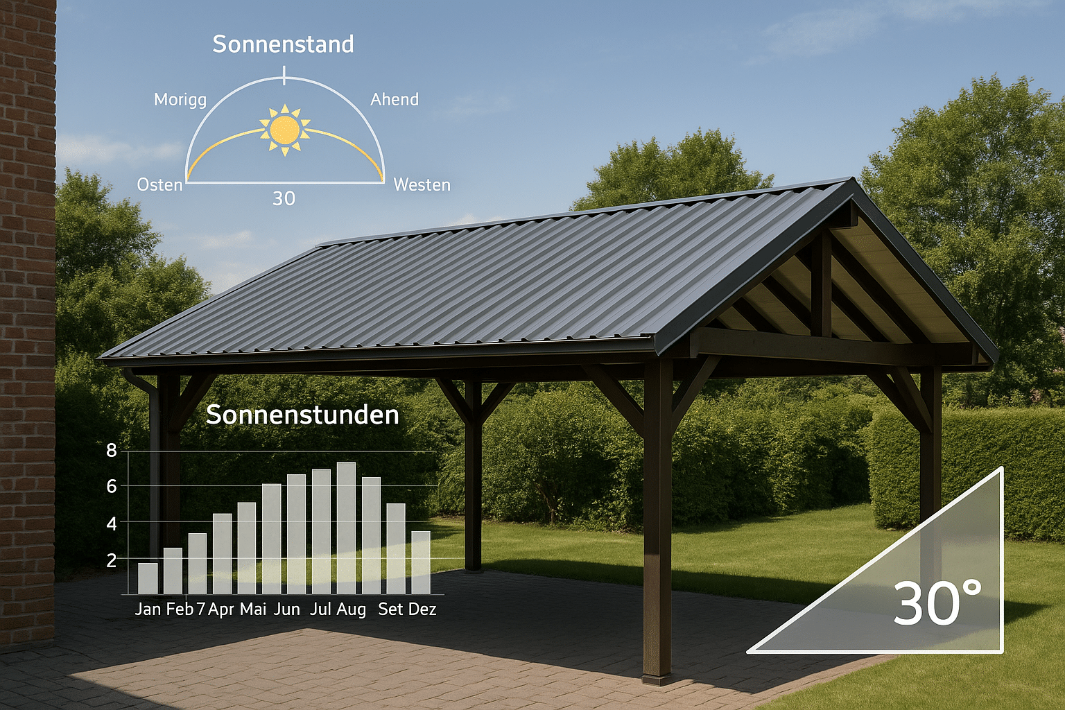 Visualisierung eines Carports mit Trapezblechdach und eingeblendeten Dachdaten wie Sonnenverlauf und Dachneigung