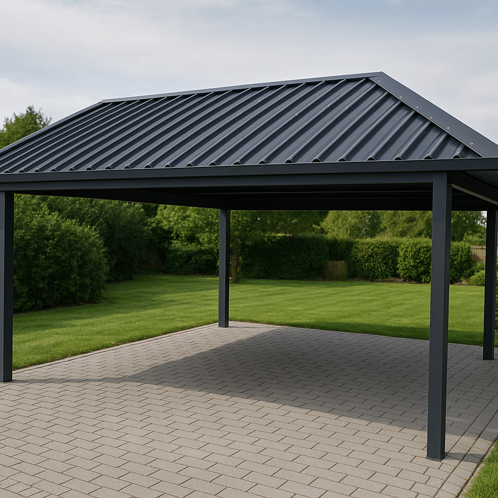 Trapezblech in Anthrazit als Dacheindeckung eines modernen Carports mit klarer Profilstruktur