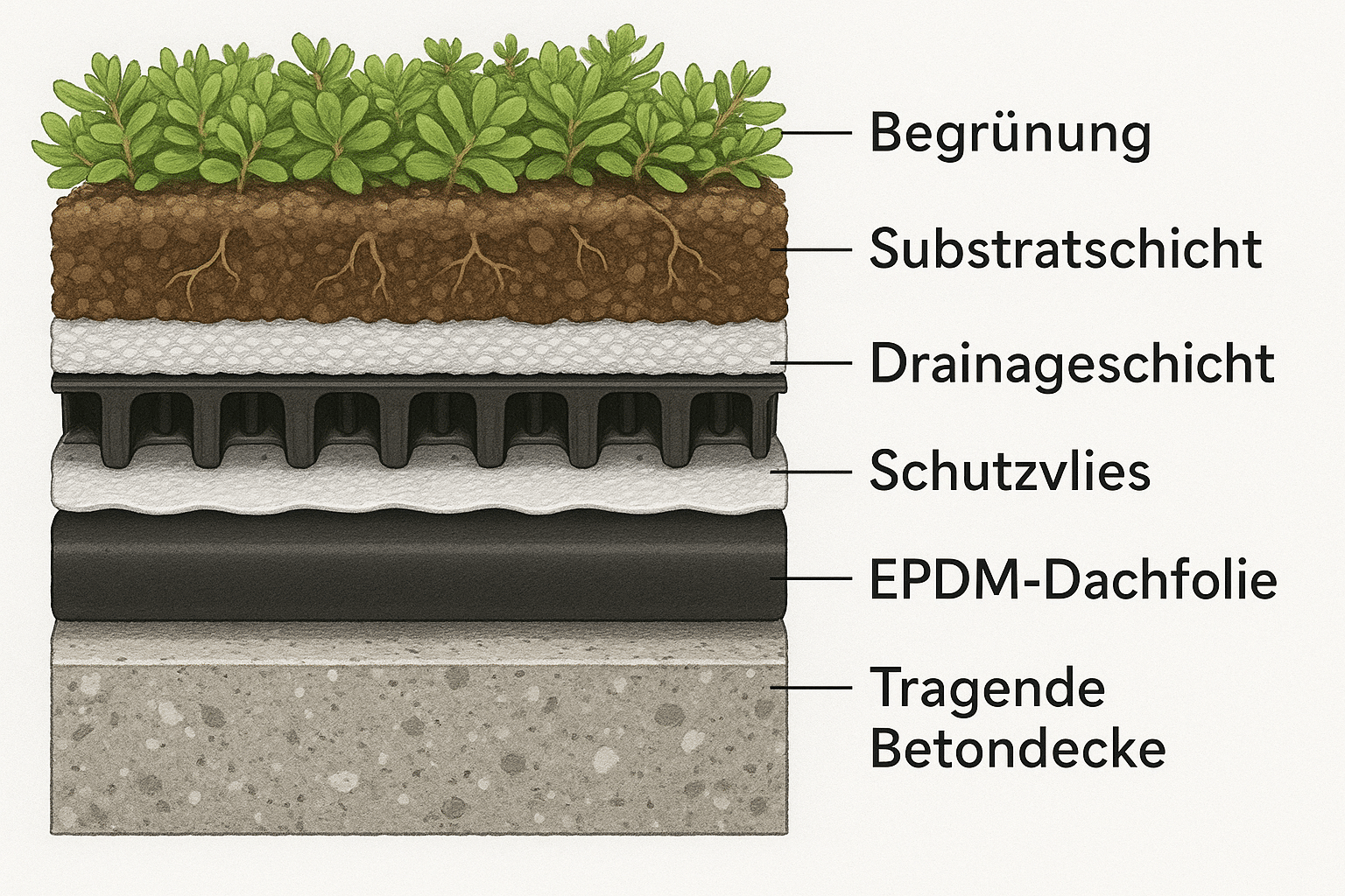 Technischer Querschnitt eines Gründachs mit EPDM-Dachfolie, Drainage und Sedum-Bepflanzung in realistischer Darstellung.
