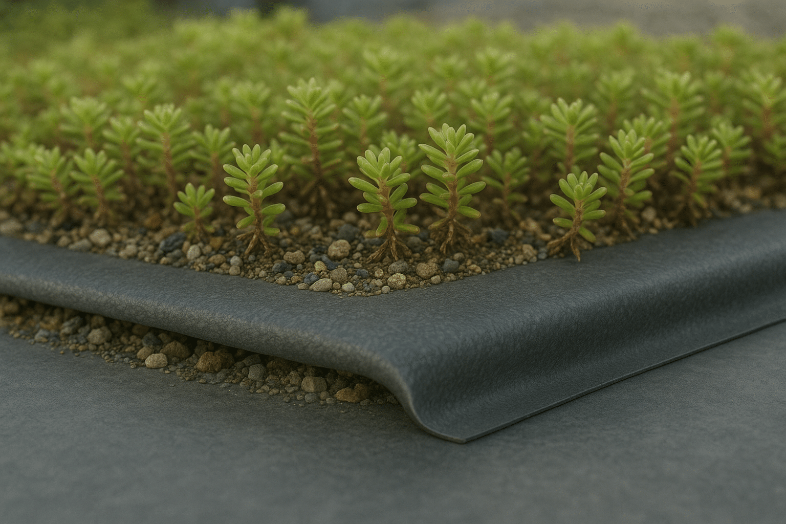 EPDM-Dachfolie unter extensivem Gründach mit Sedum-Bepflanzung auf Flachdach.