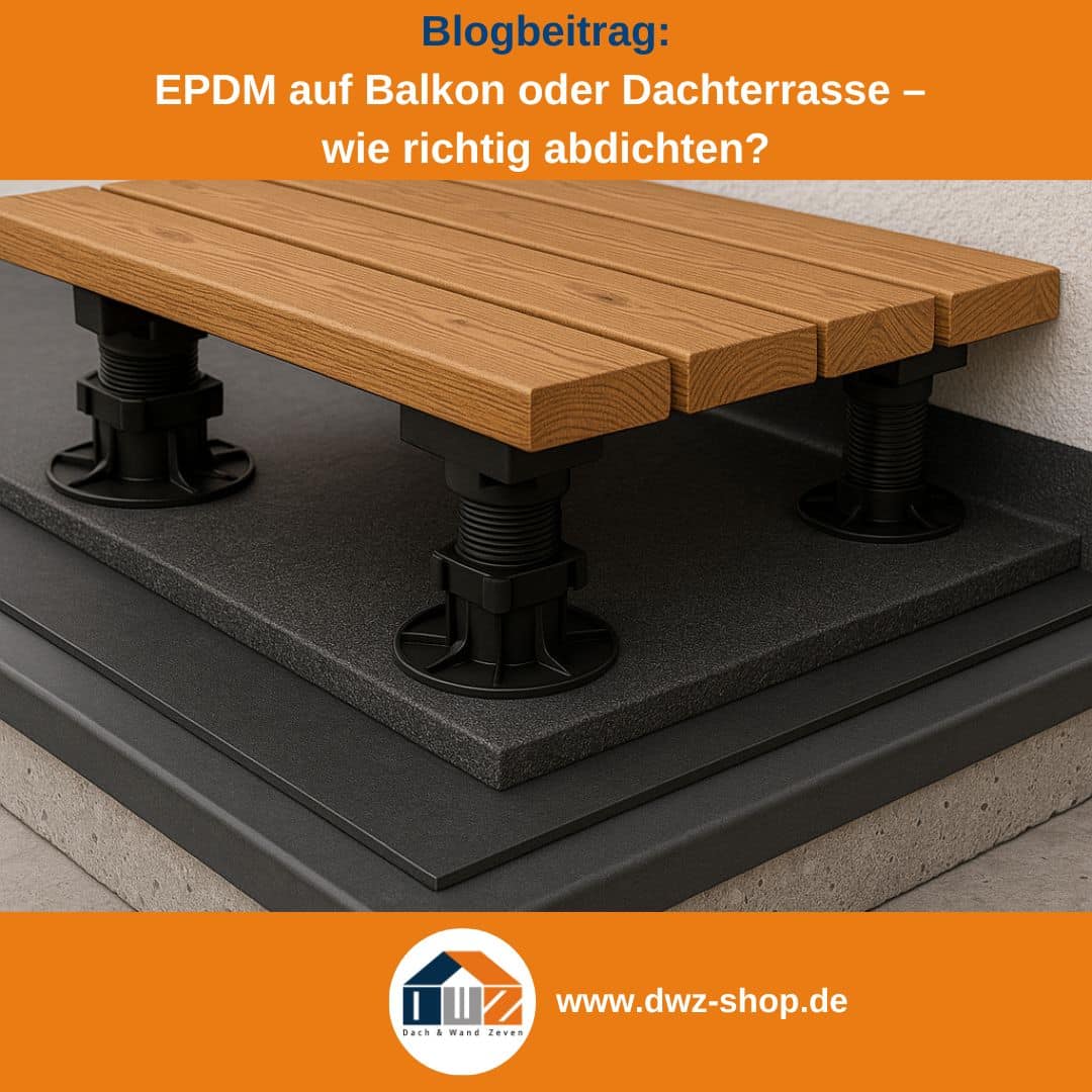Titelgrafik eines Blogbeitrags mit dem Thema ‚EPDM auf Balkon und Terrasse richtig abdichten‘ – gezeigt wird ein Technischer Querschnitt des EPDM-Schichtaufbaus auf Dachterrasse mit Nutzbelag ,dazu das Logo und die Webadresse von DWZ-Shop.de.
