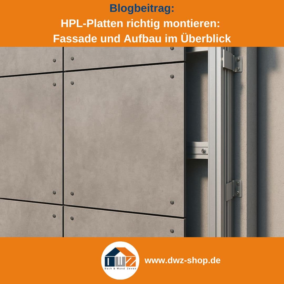 Titelgrafik eines Blogbeitrags mit dem Thema ‚HPL-Platten montieren‘ – gezeigt wird eine Fasse mit HPL-Platten in Betonoptik, dazu das Logo und die Webadresse von DWZ-Shop.de.