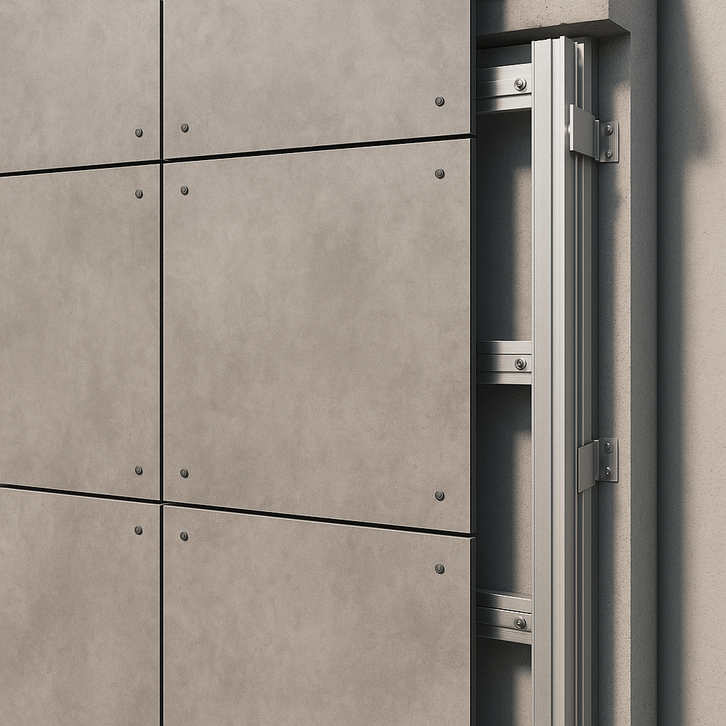 Auf Aluminium Unterkonstriktion montierte HPL Platten in Beton Optik