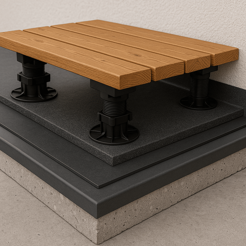 Technischer Querschnitt des EPDM-Schichtaufbaus auf Dachterrasse mit Nutzbelag