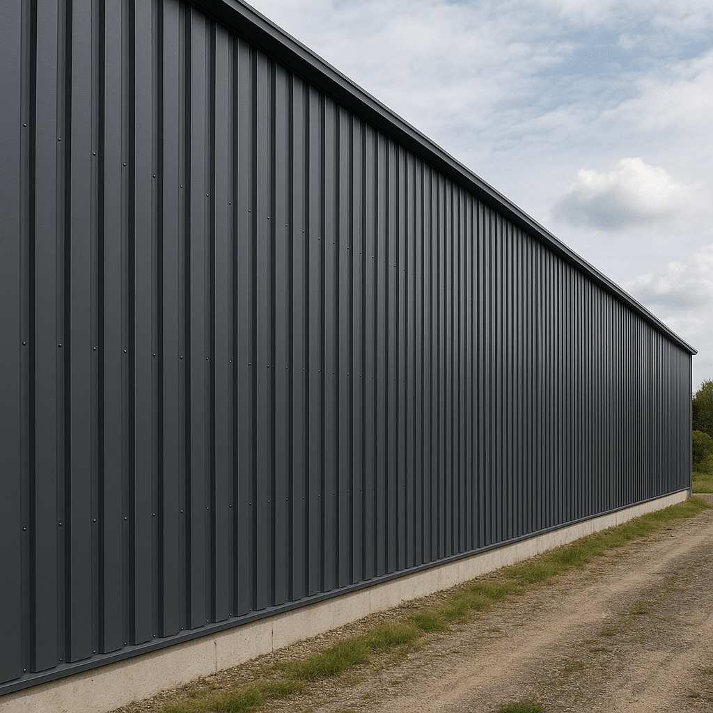 Wandverkleidung aus Trapezblech in Anthrazit bei einer Industriehalle, matte Oberfläche und stabile Profilierung