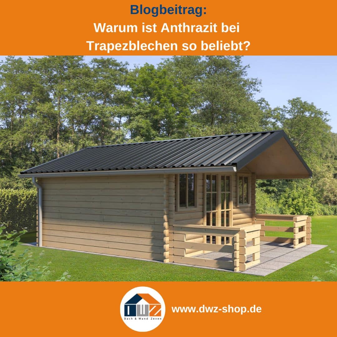 Titelgrafik eines Blogbeitrags mit dem Thema ‚Anthrazit bei Trapezblechen‘ – gezeigt wird ein Gartenhaus mit Trapezblech in anthrazit, dazu das Logo und die Webadresse von DWZ-Shop.de.