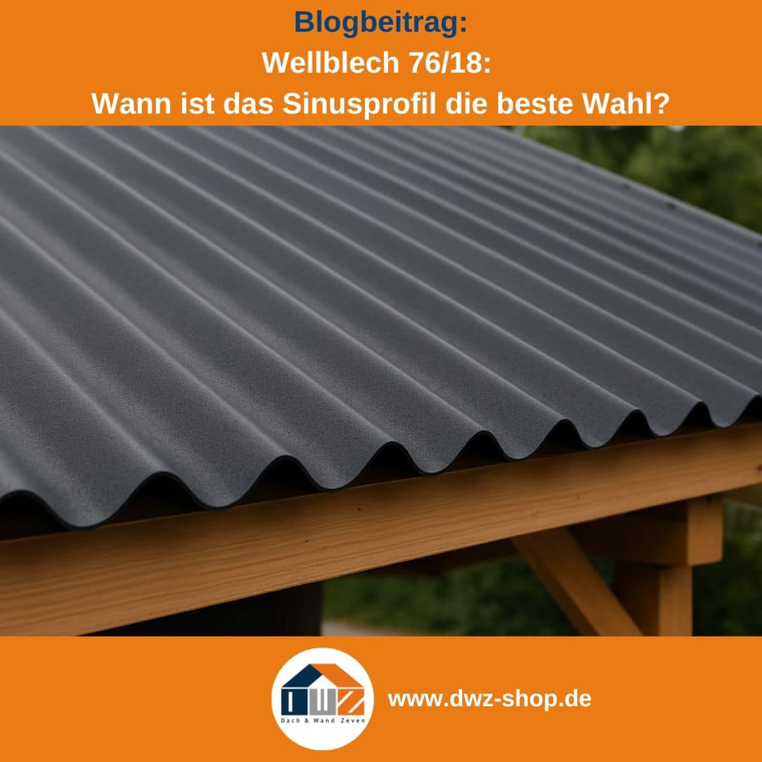 Titelgrafik eines Blogbeitrags mit dem Thema ‚Wellbleche mit Sinusprofil 76/18‘ – gezeigt wird ein Carport mit Wellblechdach mit Sinuswelle 76/18 ind anthrazit, dazu das Logo und die Webadresse von DWZ-Shop.de.