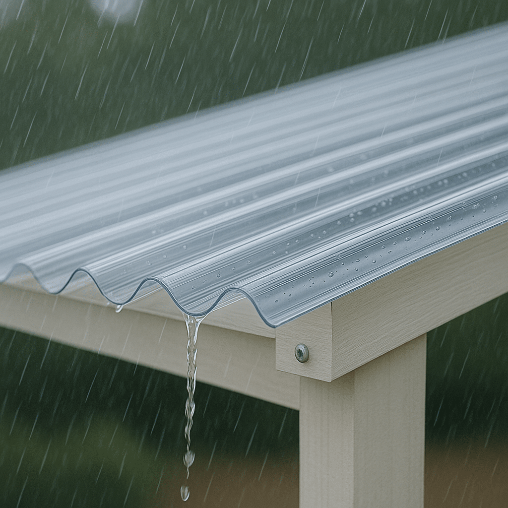 Klare Welllichtplatte bei Regen, das Wasser fließt ab