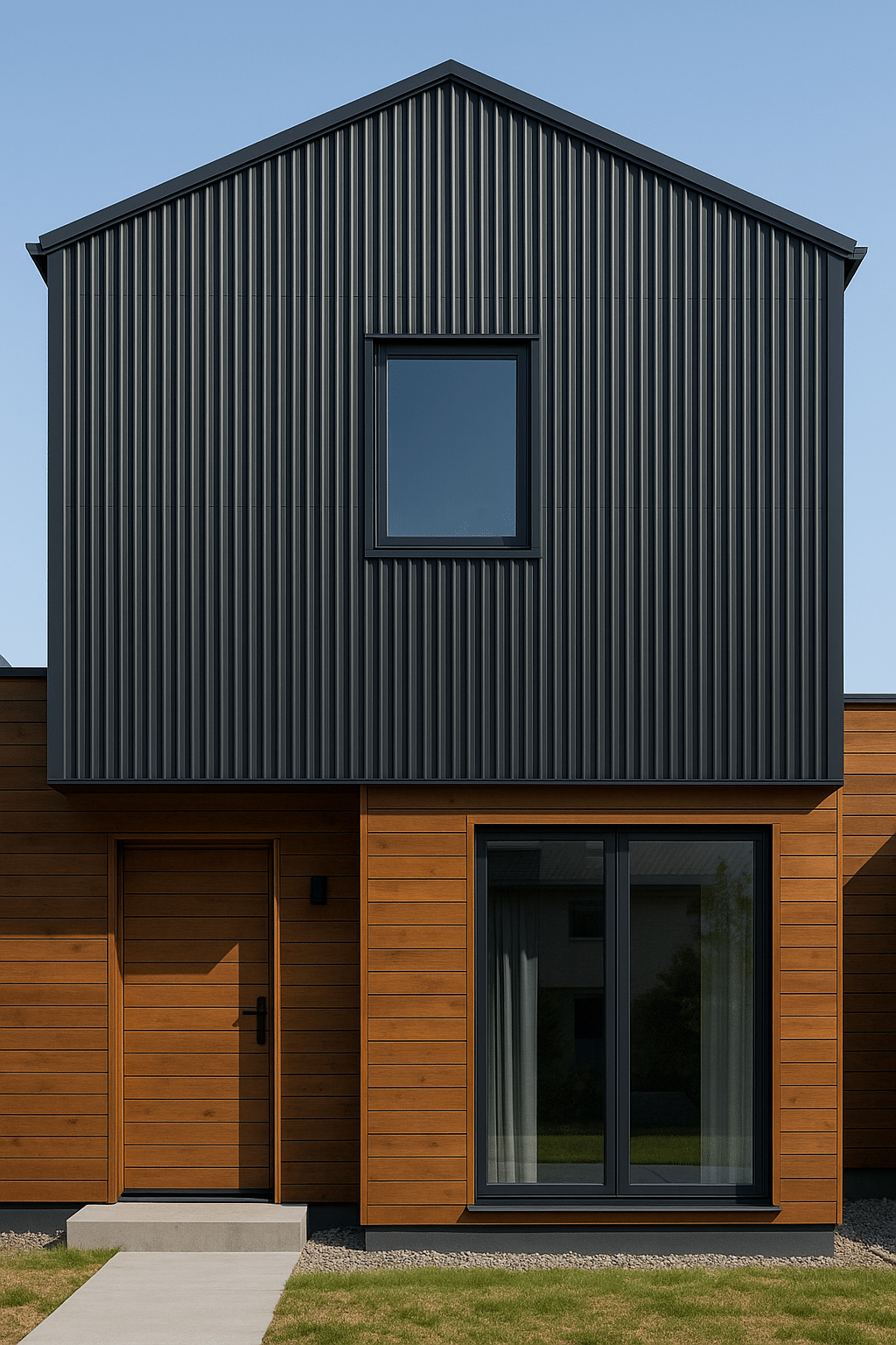 Architektenhaus mit vertikal montierten Wellblechen im oberen Bereich, kombiniert mit Holzelementen