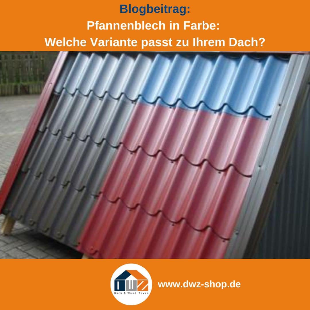 Titelgrafik eines Blogbeitrags mit dem Thema ‚Pfannenblech in Farbe‘ – gezeigt wird ein Musteraufsteller mit Pfannenblechen in verschiedenen Farben, dazu das Logo und die Webadresse von DWZ-Shop.de.