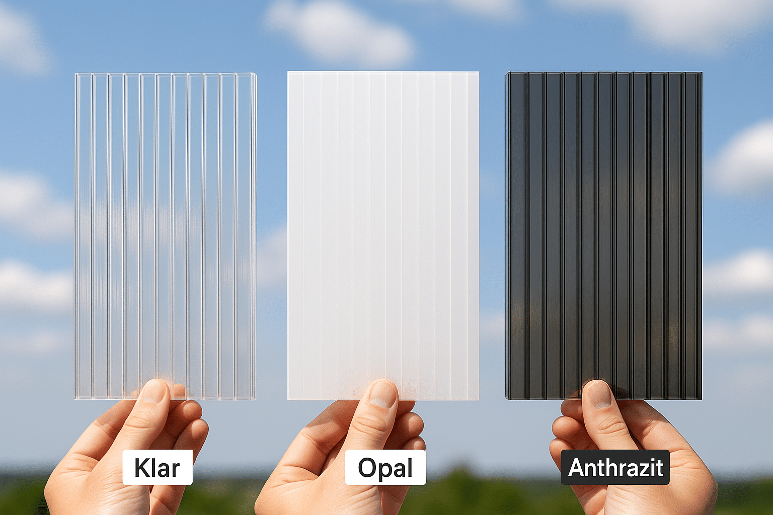 Stegplatten-Vergleich: Klar, Opal und Anthrazit im Lichttest