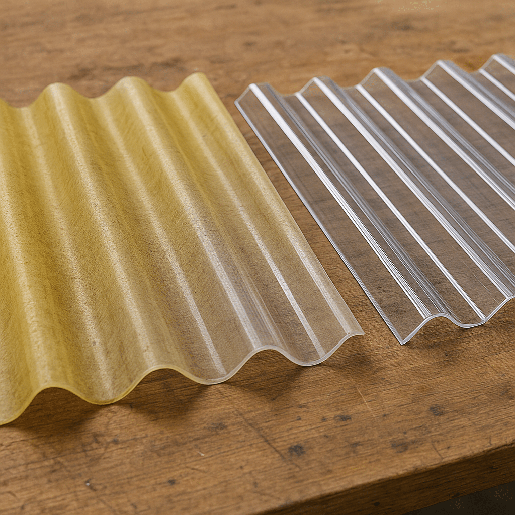 Vergilbte Lichtplatte ohne UV Schutz im Vergleich zu klarer Platte mit UV Schutz