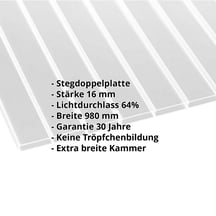 Acrylglas Stegdoppelplatte | 16 mm | Breite 980 mm | Klar | AntiDrop | Breitkammer | 3500 mm #2