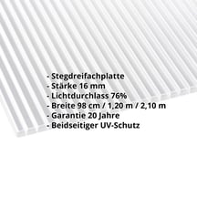 Polycarbonat Stegplatte | 16 mm | Breite 1200 mm | Klar | Beidseitiger UV-Schutz | 2000 mm #2