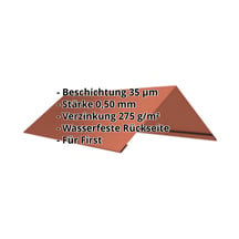 Firstblech flach | 145 x 145 x 2000 mm | 100° | Stahl 0,50 mm | 35 µm Mattpolyester | 750 - Ziegelrot #2