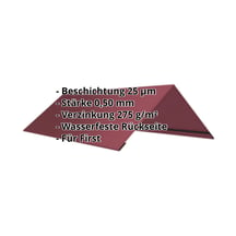 Firstblech flach | 200 x 200 x 2000 mm | 100° | Stahl 0,50 mm | 25 µm Polyester | 3005 - Weinrot #2