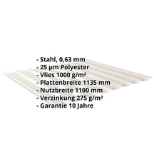 Trapezblech 20/1100 | Dach | Anti-Tropf 1000 g/m² Stahl 0,63 mm | 25 µm Polyester | 9002 - Grauweiß Trapezblech 20/1100 | Dach | Anti-Tropf 1000 g/m² | Stahl 0,63 mm | 25 µm Polyester | 9002 - Grauweiß #2