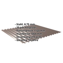 Wellblech 18/1064 | Dach | Stahl 0,75 mm | 25 µm Polyester | 8011 - Nussbraun #2
