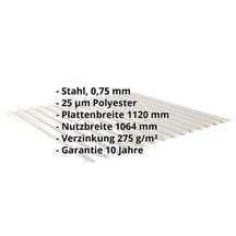 Wellblech 18/1064 | Dach | Stahl 0,75 mm | 25 µm Polyester | 9002 - Grauweiß #2