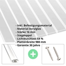 Acrylglas Stegdoppelplatte | 16 mm | Profil A4 | Sparpaket | Plattenbreite 980 mm | Klar | Breitkammer | Breite 3,09 m | Länge 3,00 m #2