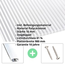 Polycarbonat Doppelstegplatte | 16 mm | Profil A1 | Sparpaket | Plattenbreite 980 mm | Klar | Breitkammer | Breite 3,08 m | Länge 2,00 m #2