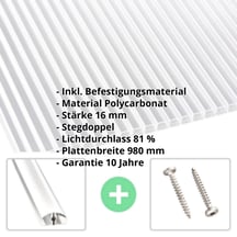 Polycarbonat Doppelstegplatte | 16 mm | Profil A4 | Sparpaket | Plattenbreite 980 mm | Klar | Breitkammer | Breite 3,09 m | Länge 3,00 m #2