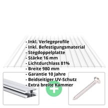 Polycarbonat Doppelstegplatte | 16 mm | Profil DUO | Sparpaket | Plattenbreite 980 mm | Klar | Breitkammer | Breite 3,09 m | Länge 2,00 m #2