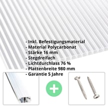 Polycarbonat Stegplatte | 16 mm | Profil A1 | Sparpaket | Plattenbreite 980 mm | Klar | Blueline | Breite 3,08 m | Länge 2,00 m #2