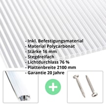 Polycarbonat Stegplatte | 16 mm | Profil A1 | Sparpaket | Plattenbreite 2100 mm| Klar | Beidseit. UV-Schutz | Breite 6,44 m | Länge 2,0 #2