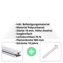 Polycarbonat Stegplatte | 16 mm | Profil DUO | Sparpaket | Plattenbreite 980 mm | Klar | Breite 3,09 m | Länge 2,00 m #2