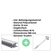 Polycarbonat Stegplatte | 16 mm | Profil ECO | Sparpaket | Plattenbreite 980 mm | Opal Weiß | Breite 3,05 m | Länge 2,00 m #2