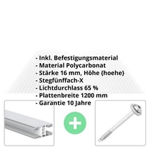 Polycarbonat Stegplatte | 16 mm | Profil Mendiger | Sparpaket | Plattenbreite 1200 mm | Klar | Extra stark | Breite 3,75 m | Länge 2,00 m #2