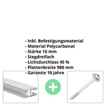 Polycarbonat Stegplatte | 16 mm | Profil Mendiger | Sparpaket | Plattenbreite 980 mm | Opal Weiß | Breite 3,09 m | Länge 2,00 m #2