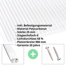 Polycarbonat Stegplatte | 25 mm | Profil A3 | Sparpaket | Plattenbreite 980 mm | Klar | Extra Stark | Breite 3,08 m | Länge 2,00 m #2