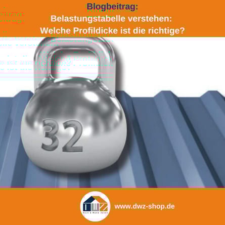 Titelgrafik eines Blogbeitrags mit dem Thema ‚Belastungstabelle verstehen‘ – gezeigt wird ein Trapezblech mit einem Gewicht, dazu das Logo und die Webadresse von DWZ-Shop.de.