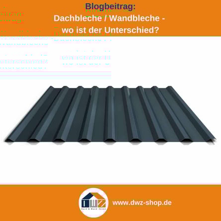 Titelgrafik eines Blogbeitrags mit dem Thema ‚Unterschied Dach- und Wandblech' – gezeigt wird ein anthrazitfarbenes Dachblech, dazu das Logo und die Webadresse von DWZ-Shop.de.