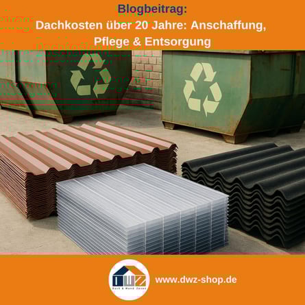 Titelgrafik eines Blogbeitrags mit dem Thema ‚Kosten von Dachmaterialien‘ – gezeigt werden Stapel von verschiedenen Dachplatten, dazu das Logo und die Webadresse von DWZ-Shop.de.