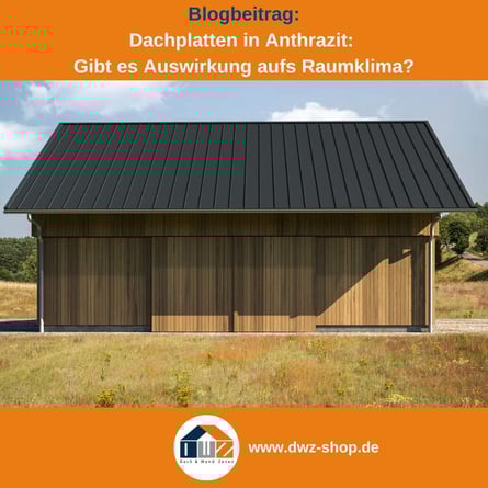 Titelgrafik eines Blogbeitrags mit dem Thema ‚Dachplatten in Anthrazit‘ – gezeigt wird ein Gebäude mit anthrazitfarbener Bedachung, dazu das Logo und die Webadresse von DWZ-Shop.de.